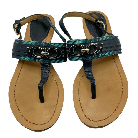 Coach Sandals Leather Thong Blue 6.5 Women Open Toe Casual Flats w/ Strap - Picture 2 of 7